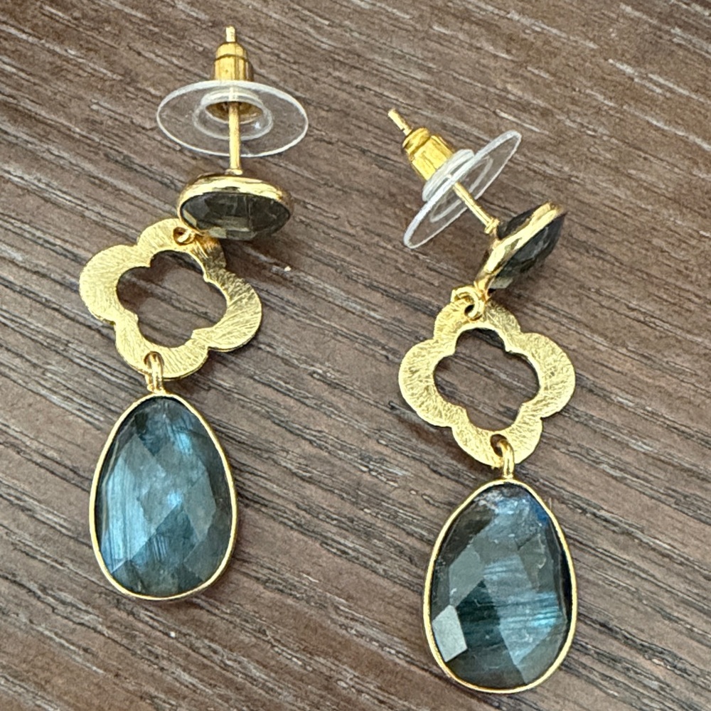 Elegant Gold and Blue Dangle Earrings gold tone